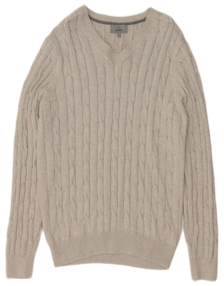 Marks & Spencer Herren-Pullover, reguläre Passform, V-Ausschnitt, groß, beige Baumwolle
