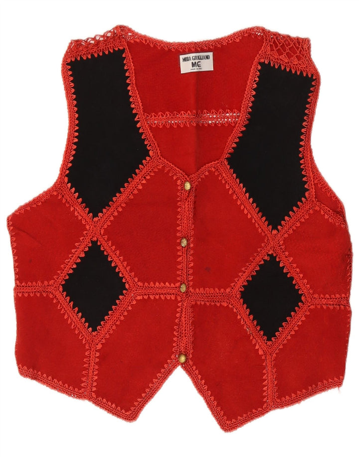 Vintage Damen Crop Wildleder Weste UK 14 Mittelrot Geometrisch