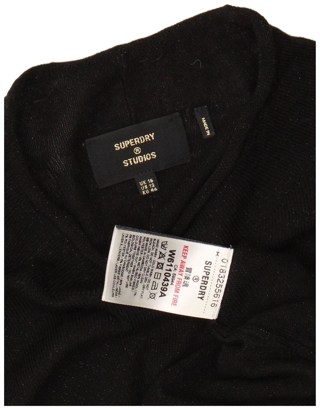 SUPERDRY Damen-Pullover, bauchfrei, Rundhalsausschnitt, Gr. 40, Größe L, schwarze Wolle