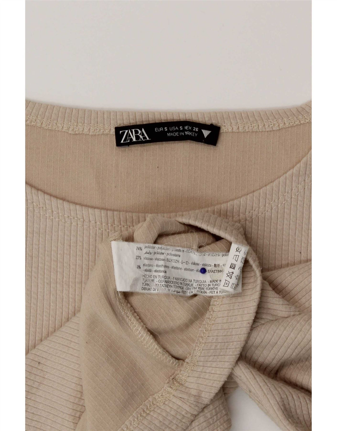 Zara Damen Crop Top Langarm UK 8 Small Beige Polyester