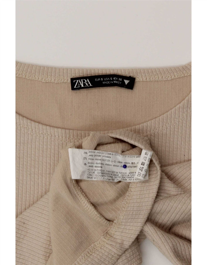 Zara Damen Crop Top Langarm UK 8 Small Beige Polyester