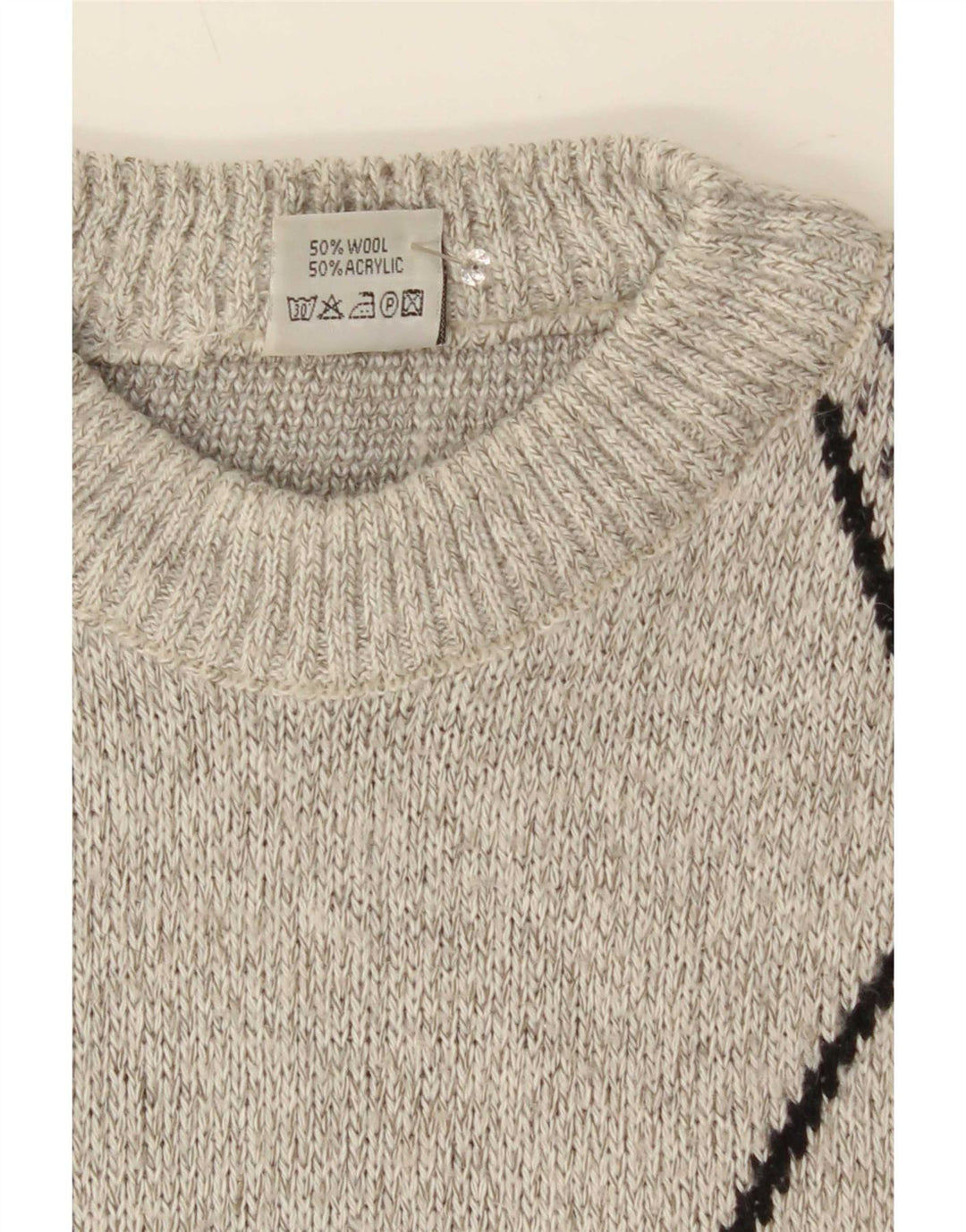 Vintage Herren-Pullover mit Rundhalsausschnitt, große graue geometrische Wolle