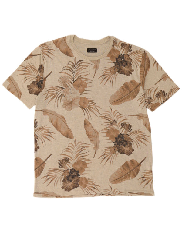 Zara Herren Grafik T-Shirt Top XL Beige Blumen Polyester