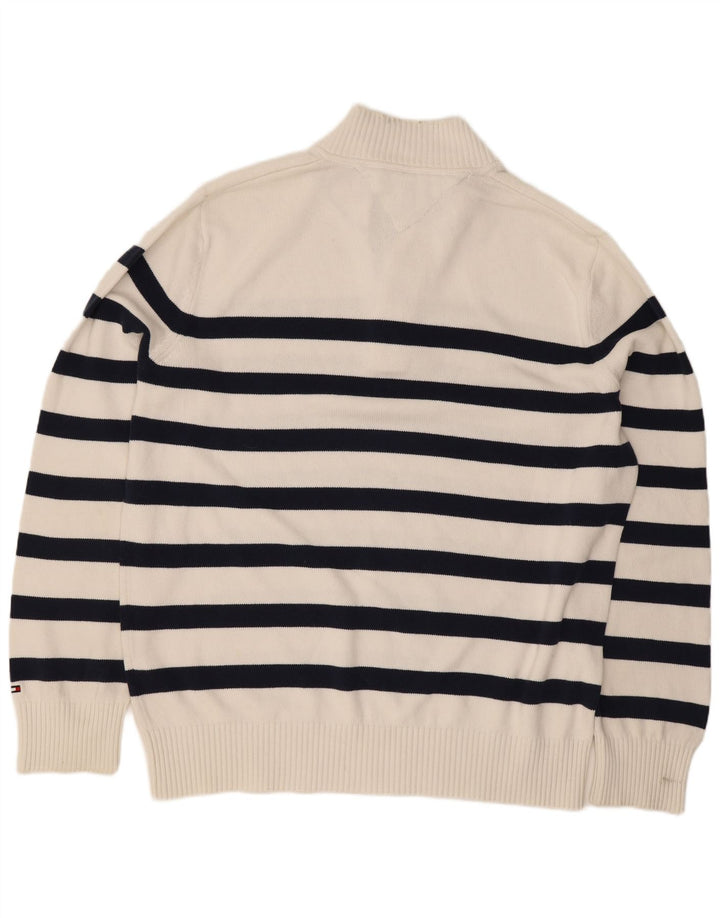 Tommy Hilfiger Herren-Pullover mit Knopfkragen, groß, weiß gestreift
