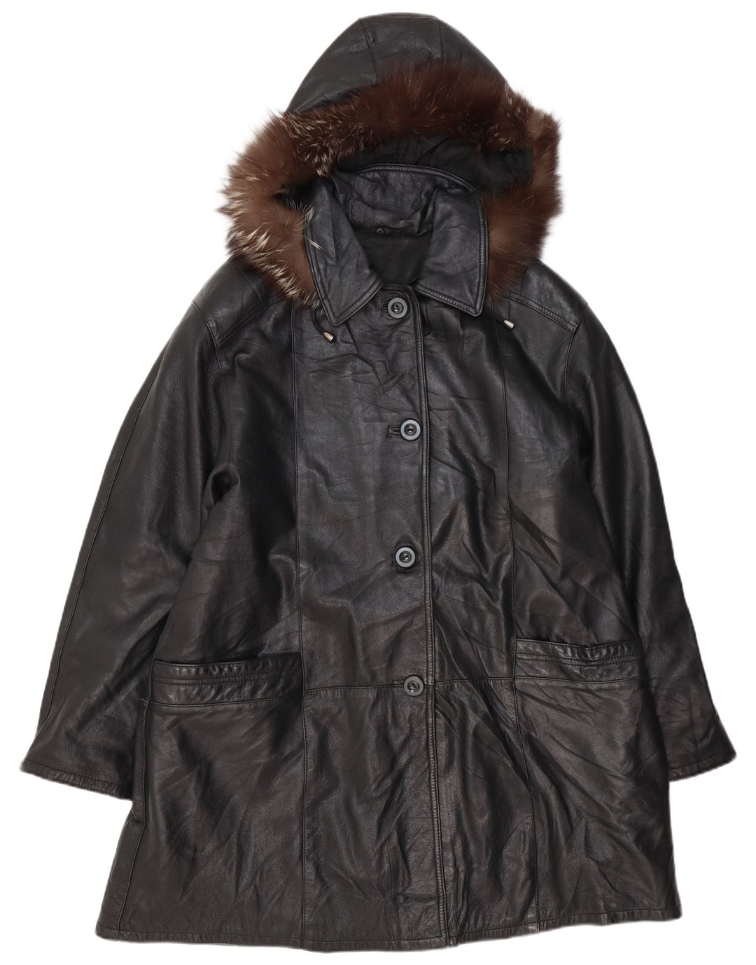 VINTAGE Damen Übergroßer Ledermantel mit Kapuze IT 48 XL Schwarzes Leder