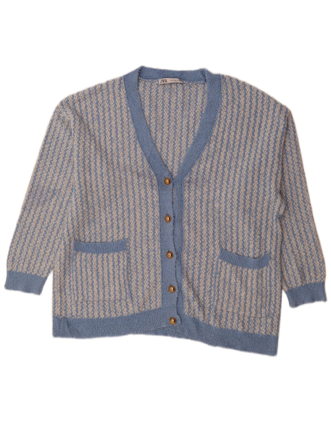 Zara Damen-Strickjacke in Übergröße, Gr. 14, mittelblaue geometrische Baumwolle