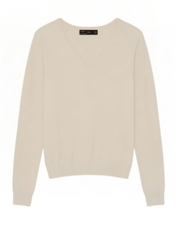 Zara Damen-Pullover mit V-Ausschnitt, UK 12, mittelweiße Baumwolle