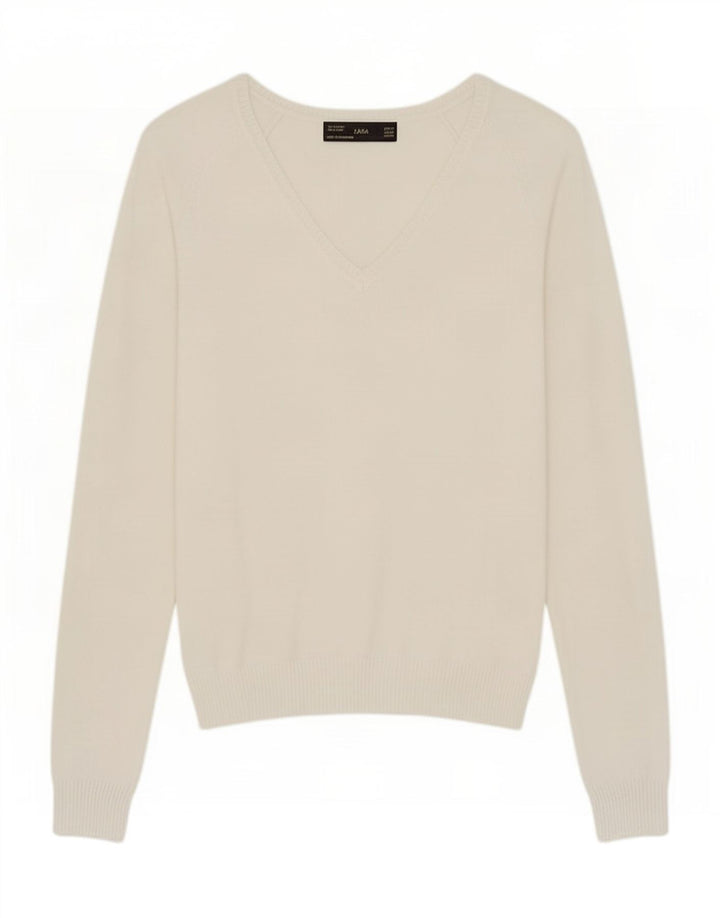 Zara Damen-Pullover mit V-Ausschnitt, UK 12, mittelweiße Baumwolle