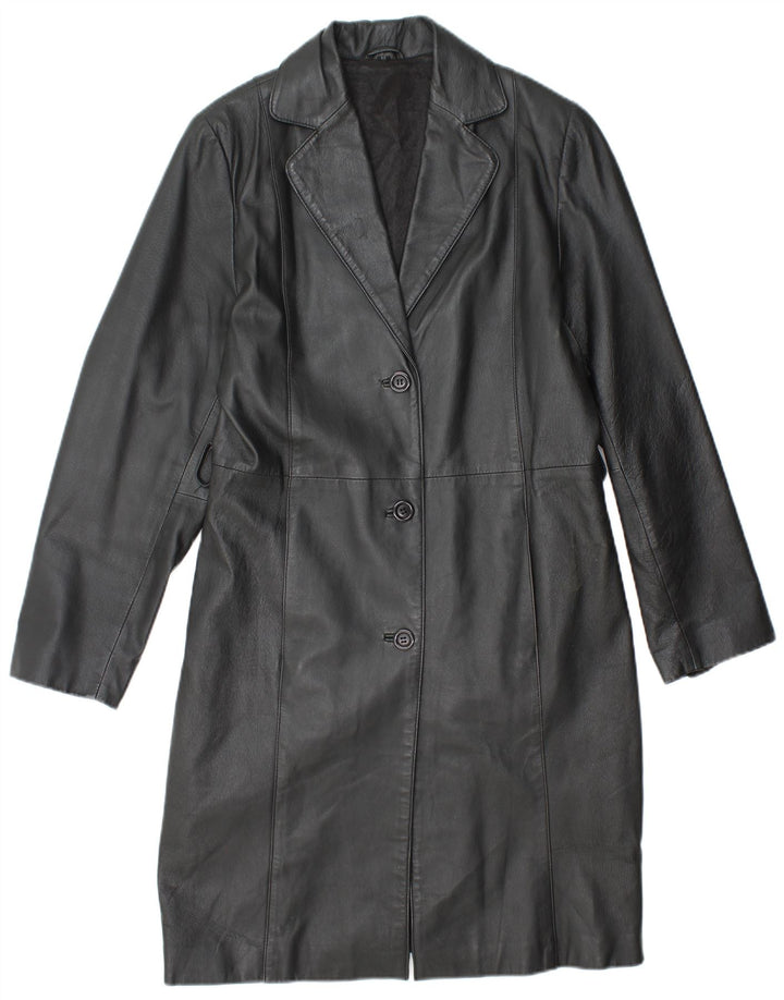 VINTAGE Damen Ledermantel UK 14 Mittelschwarzes Leder
