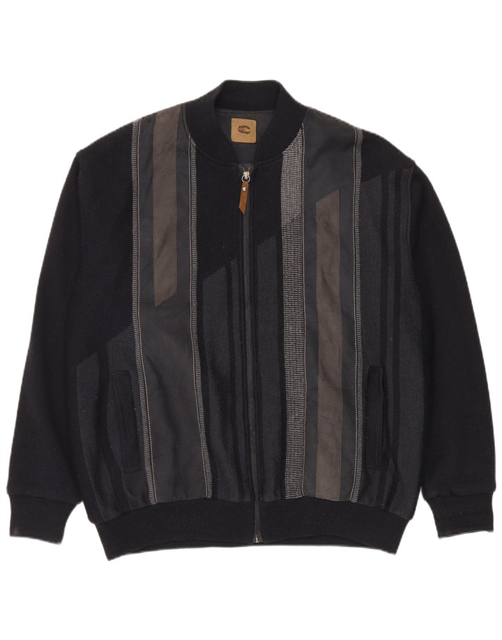 Vintage Herren Strick-Bomberjacke IT 56 2XL Schwarze Colourblock-Wolle