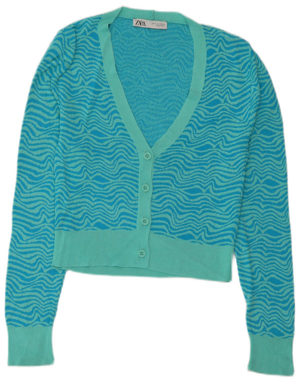 Zara Damen-Cardigan-Pullover UK 10 Kleine blaue geometrische Viskose