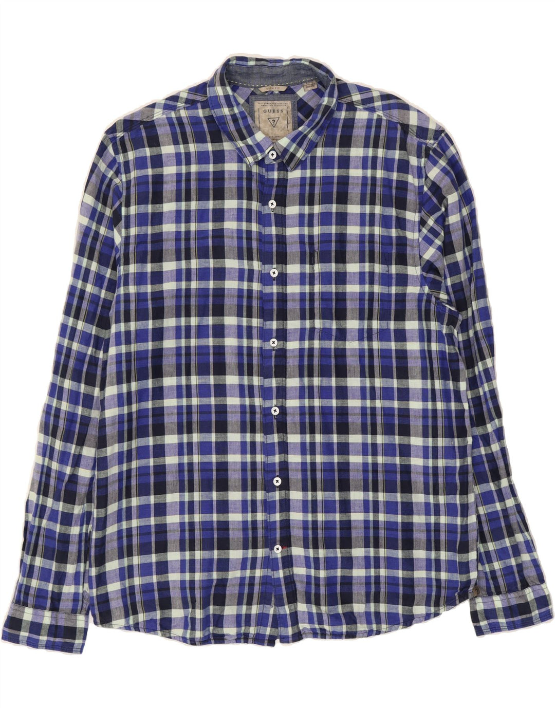 GUESS Mens Slim Fit Flannel Shirt Large Blue Check Linen Vintage Guess and Second-Hand Guess from Messina Hembry 