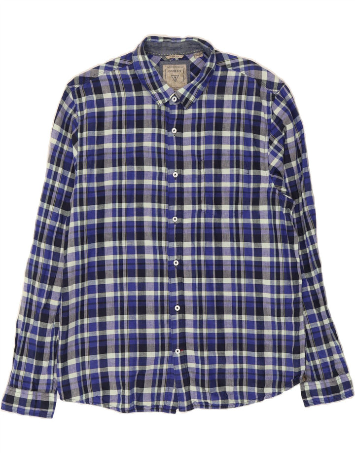 GUESS Mens Slim Fit Flannel Shirt Large Blue Check Linen Vintage Guess and Second-Hand Guess from Messina Hembry 