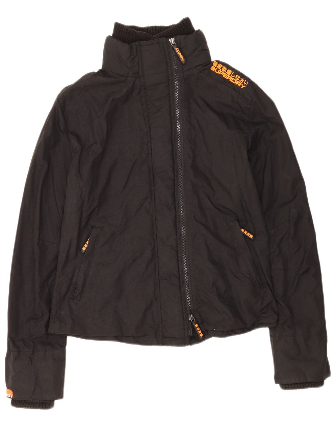 Superdry Damen-Regenjacke mit Grafik, UK 16, großes schwarzes Nylon