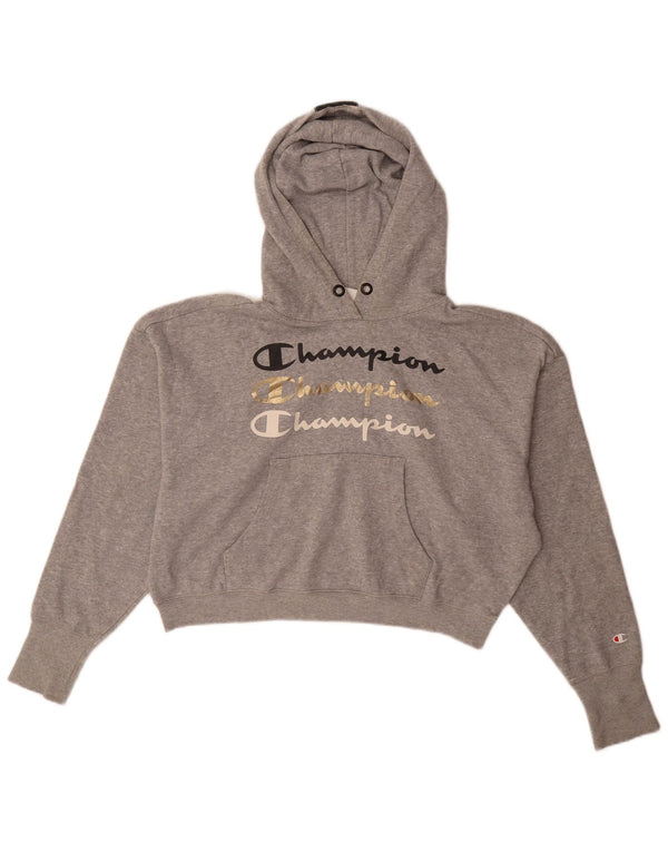 Champion Womens Crop Graphic Oversized Hoodie Pullover UK 16 Large Grau