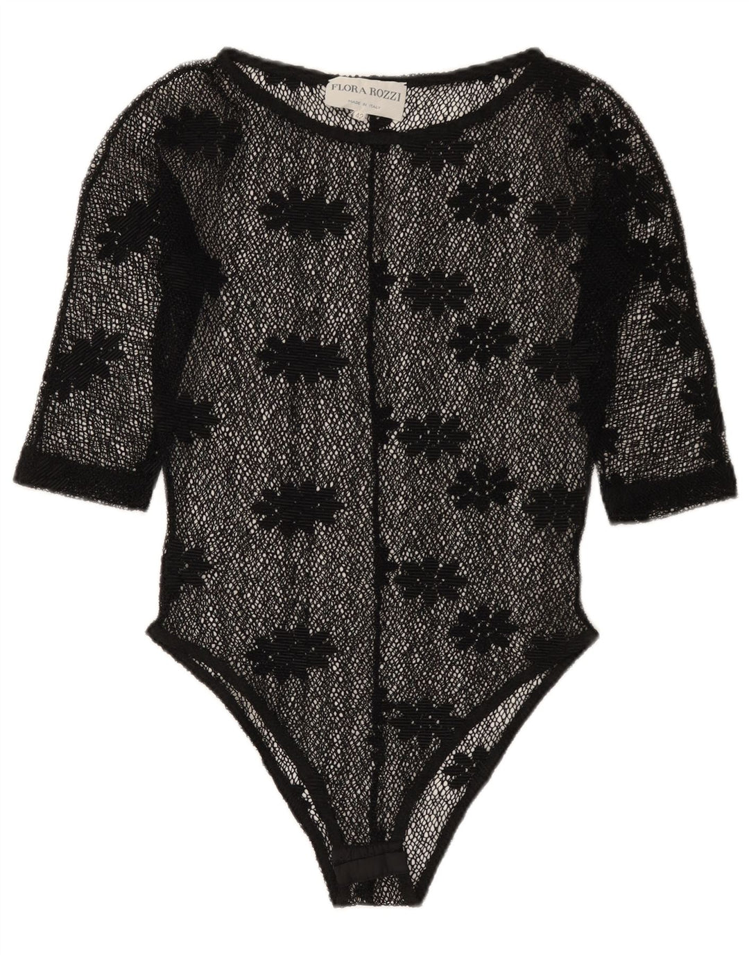 Vintage Damen Durchsichtiger Spitzen-Body IT 42 Mittelschwarz geblümt