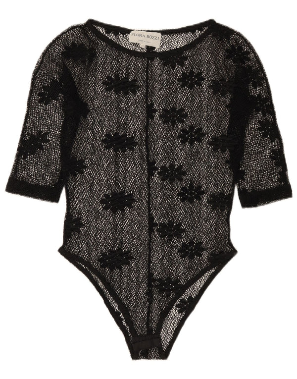 Vintage Damen Durchsichtiger Spitzen-Body IT 42 Mittelschwarz geblümt