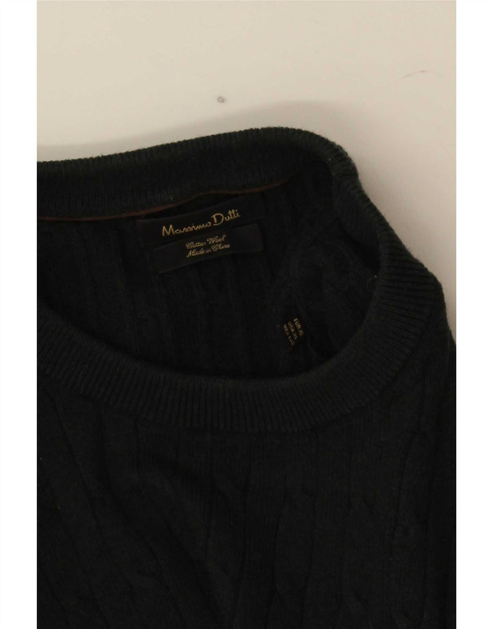 Massimo Dutti Herren-Pullover mit Rundhalsausschnitt, XL, grüne Baumwolle