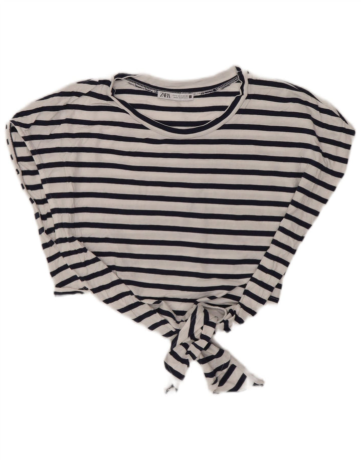 Zara Damen-Bluse mit bauchfreiem Vorderteil und Krawatte, Gr. 40, Größe S, Marineblau gestreift