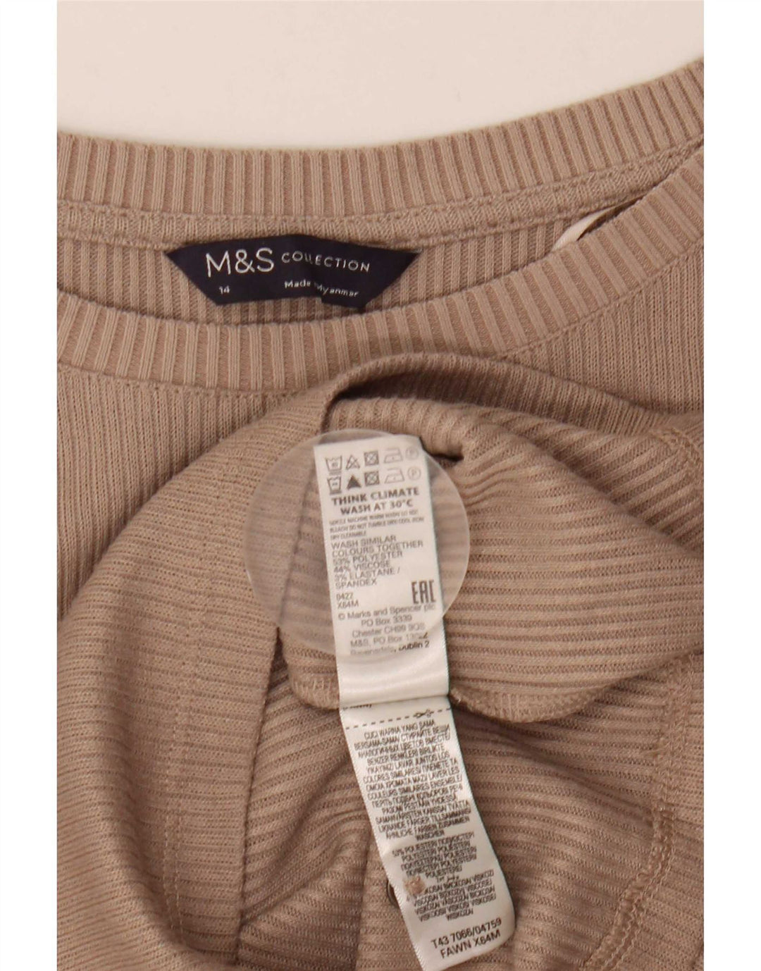 Marks & Spencer Damen Top Langarm UK 14 Medium Beige Polyester
