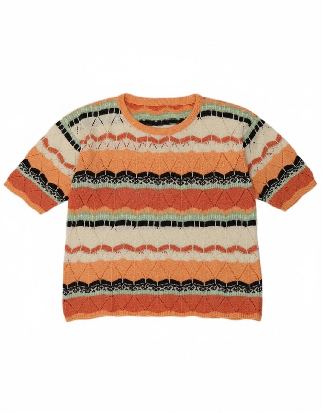 Vintage Damen Pullover mit Rundhalsausschnitt UK 14 Medium Orange Geometrisch
