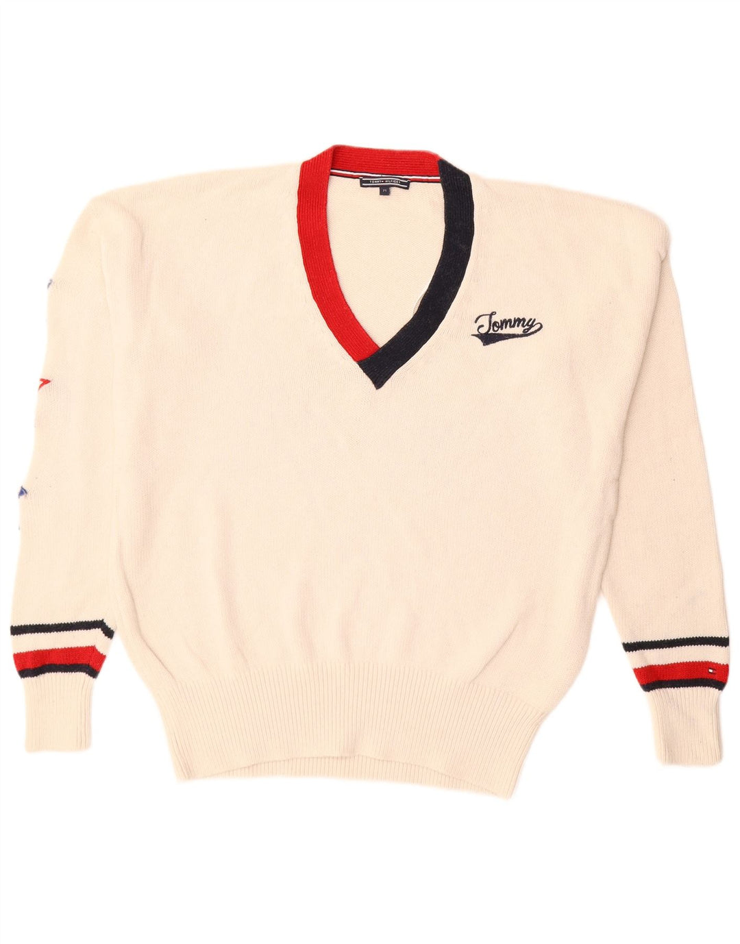 Tommy Hilfiger Herren-Pullover mit V-Ausschnitt, mittlere, cremefarbene Baumwolle