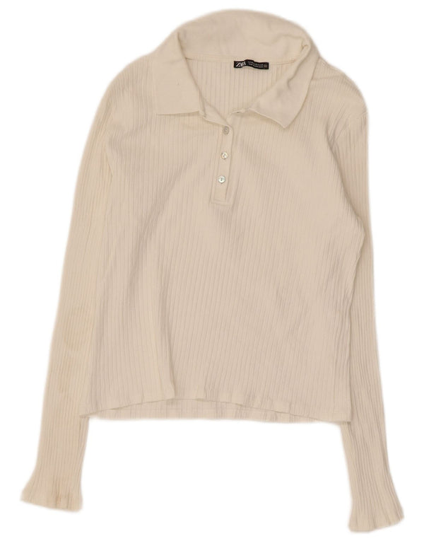 Zara Damen Crop Langarm-Poloshirt UK 18 XL Weiße Baumwolle