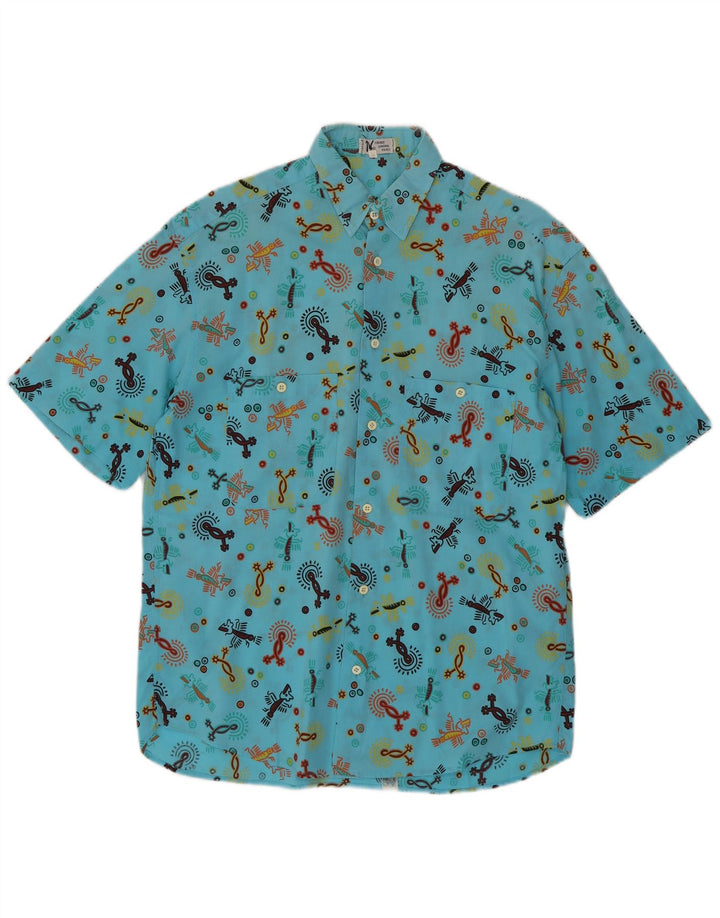 Firenze Herren-Kurzarmhemd mit abstraktem Muster, Größe 39 15 1/2 Mittelblau