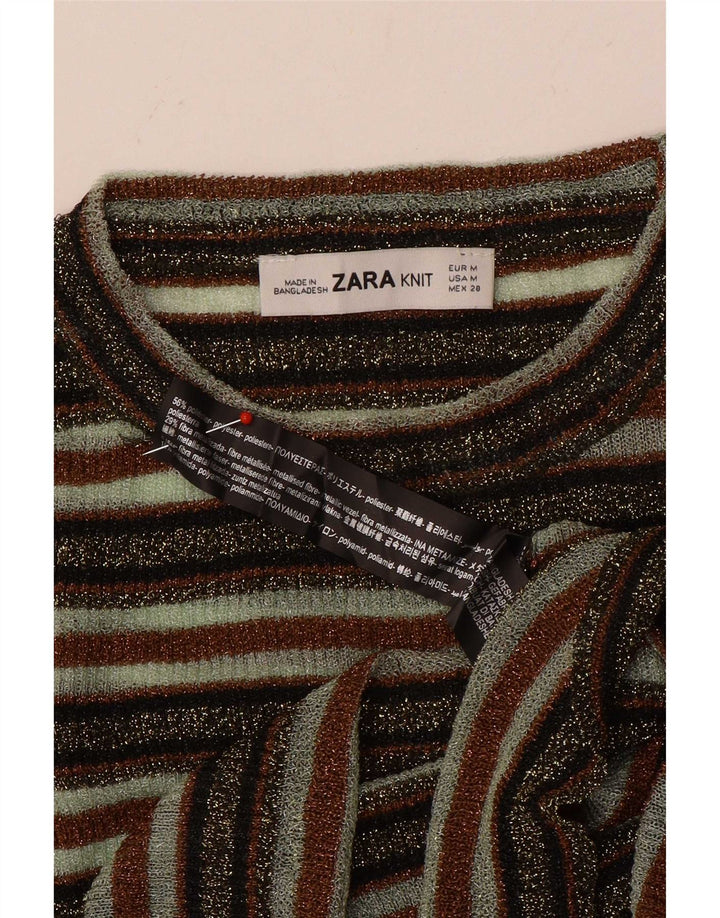Zara Damen Crop Top Langarm UK 12 Medium Mehrfarbig gestreift