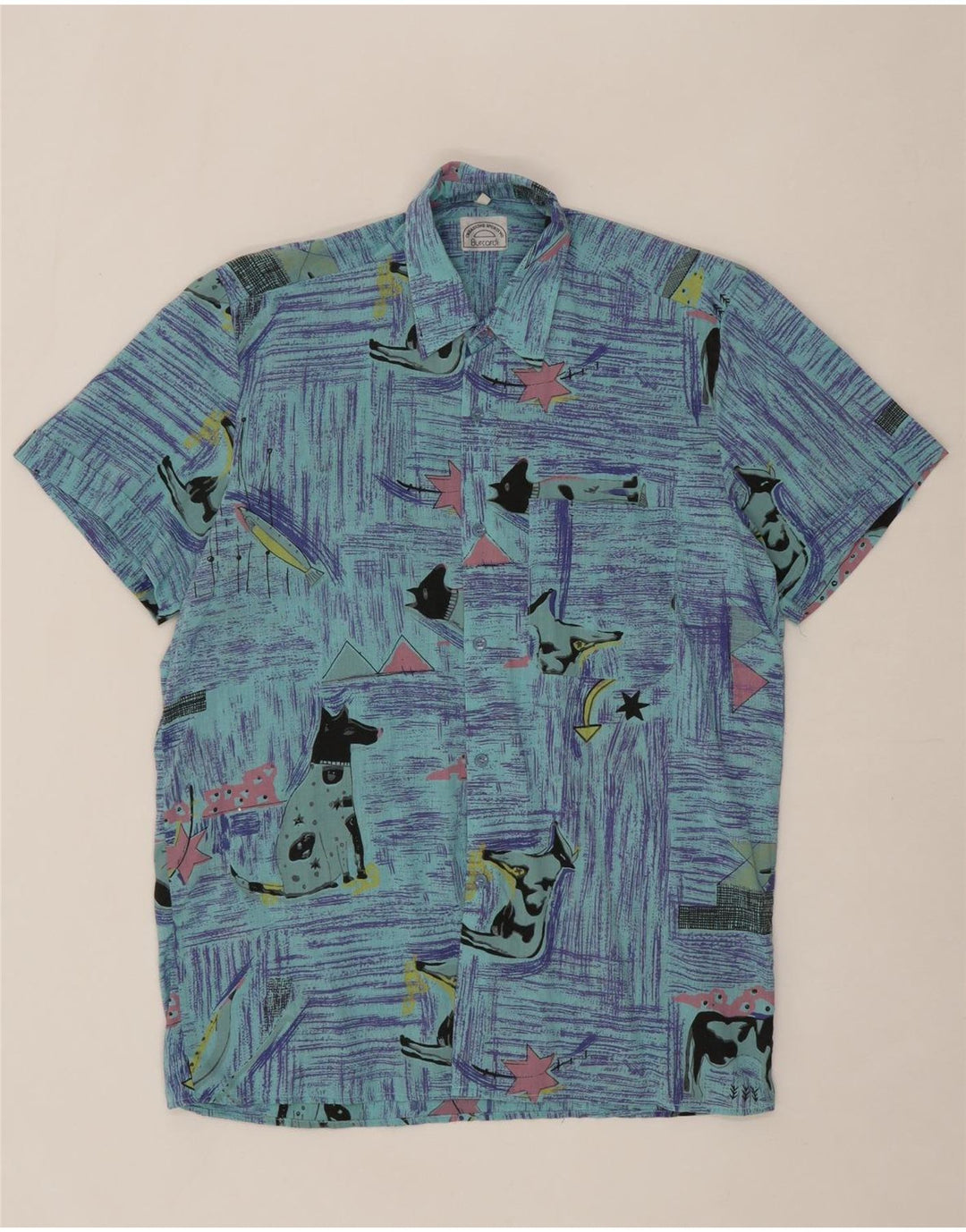 BURCARDI Mens Graphic Short Sleeve Shirt Size 39/40 Medium Blue Polyester Vintage Burcardi and Second-Hand Burcardi from Messina Hembry 