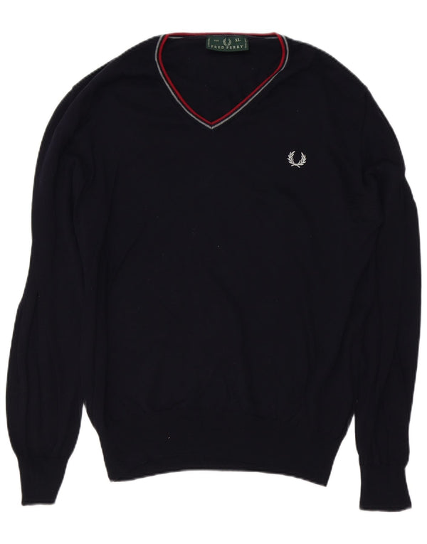 Fred Perry Herren-Pullover mit V-Ausschnitt, XL, marineblaue Baumwolle