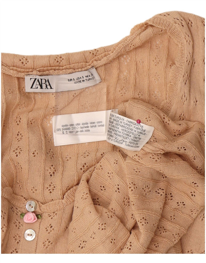 Zara Damen Top Langarm UK 10 Small Beige Baumwolle