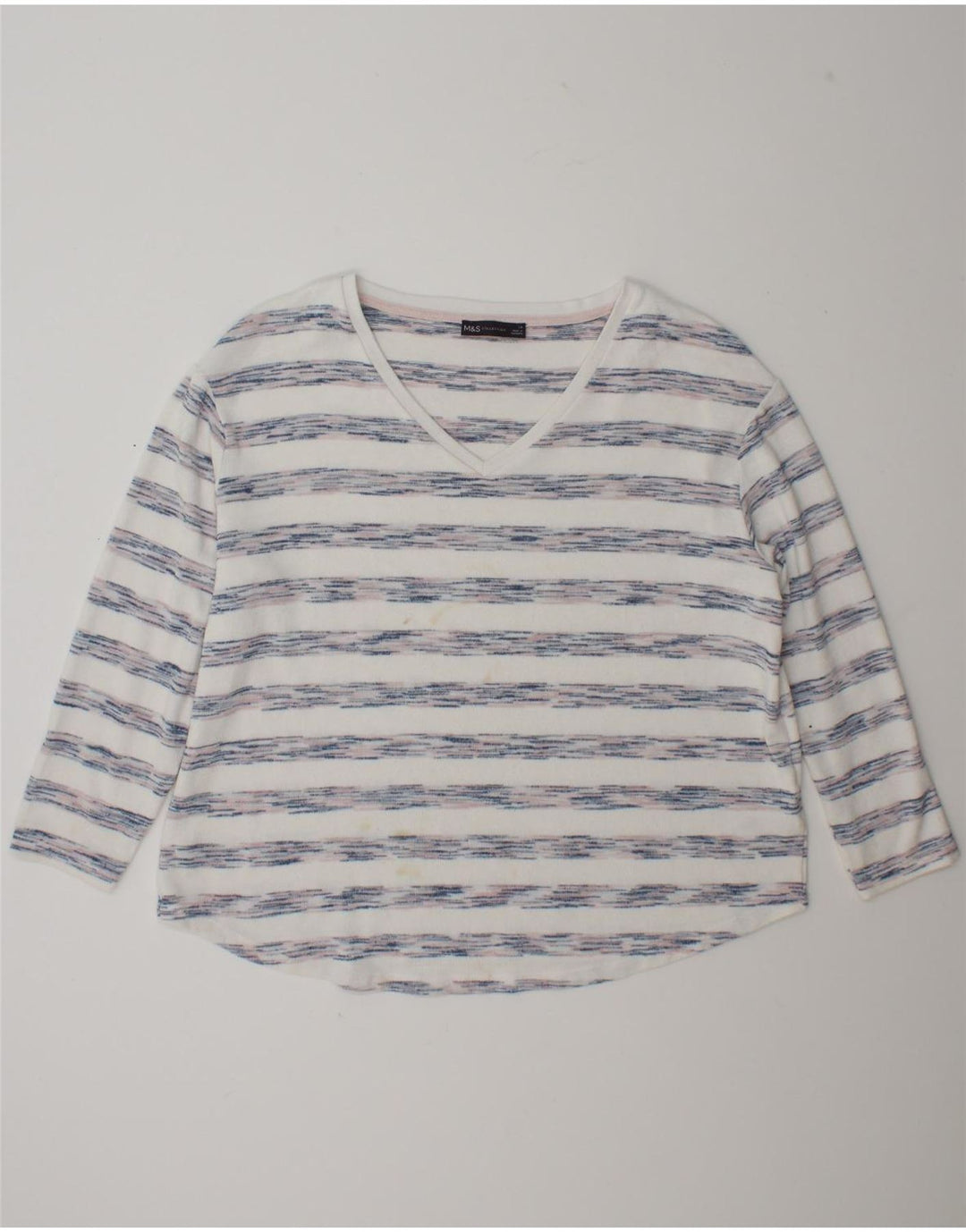 Marks & Spencer Damen Top Langarm UK 18 XL Weiß gestreifte Viskose