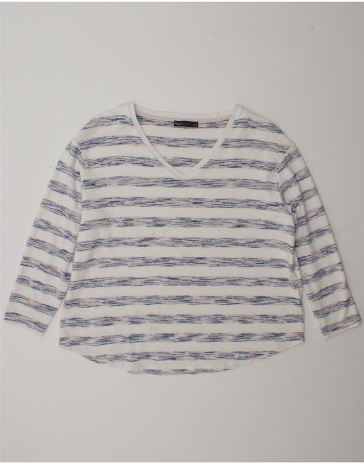 Marks & Spencer Damen Top Langarm UK 18 XL Weiß gestreifte Viskose