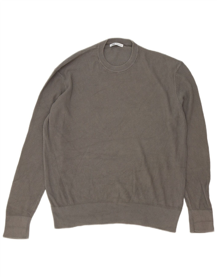 Zara Herren-Pullover mit Rundhalsausschnitt, mittelgraue Baumwolle