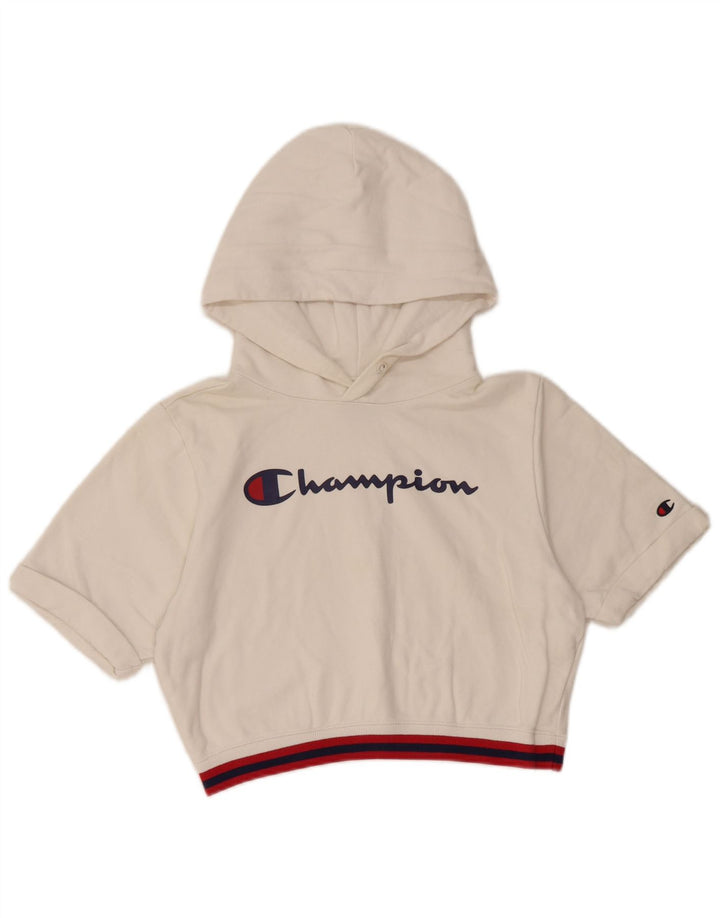 CHAMPION Womens Crop Graphic Kurzarm Hoodie Pullover UK 10 Small Weiß
