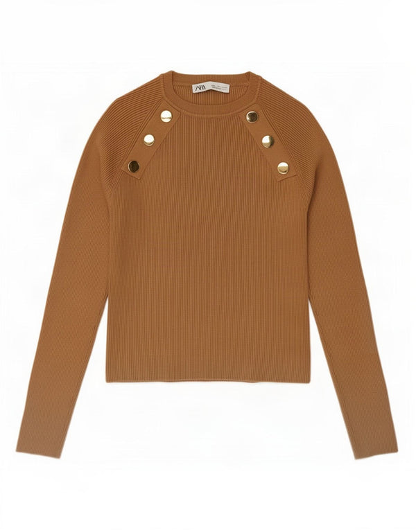 Zara Damen Crop Top Langarm UK 14 Large Beige Viskose