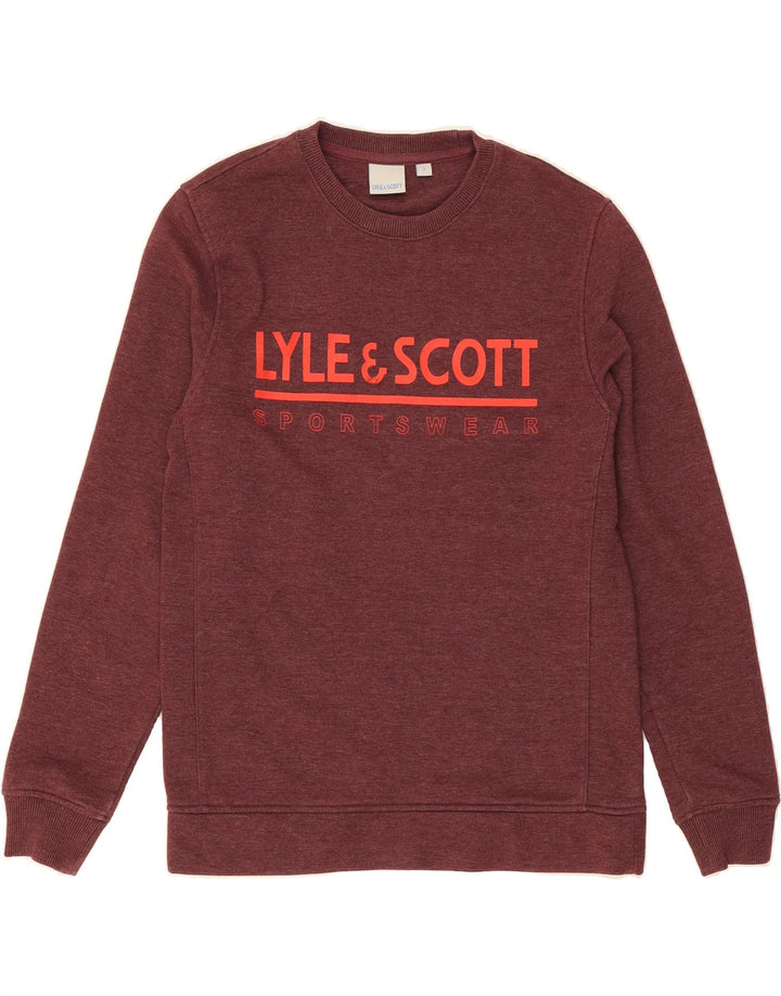 LYLE & SCOTT Mens Graphic Sweatshirt Jumper Small Burgundy Cotton Vintage Lyle & Scott and Second-Hand Lyle & Scott from Messina Hembry 