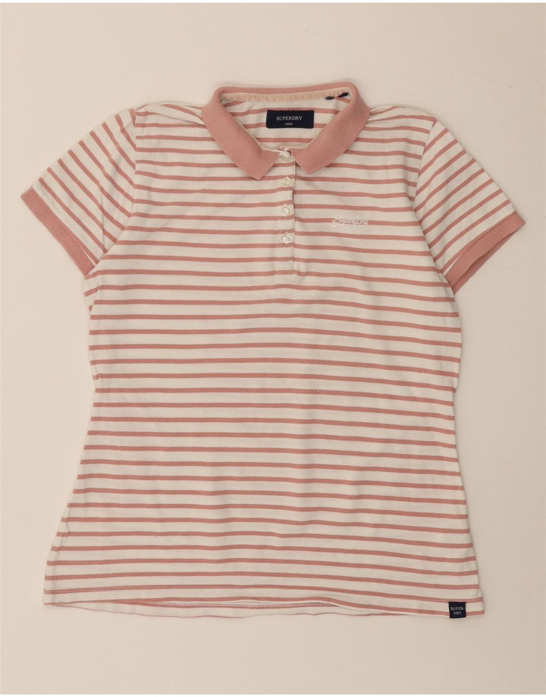 SUPERDRY Damen-Poloshirt UK 12 Mittelrosa gestreift aus Baumwolle