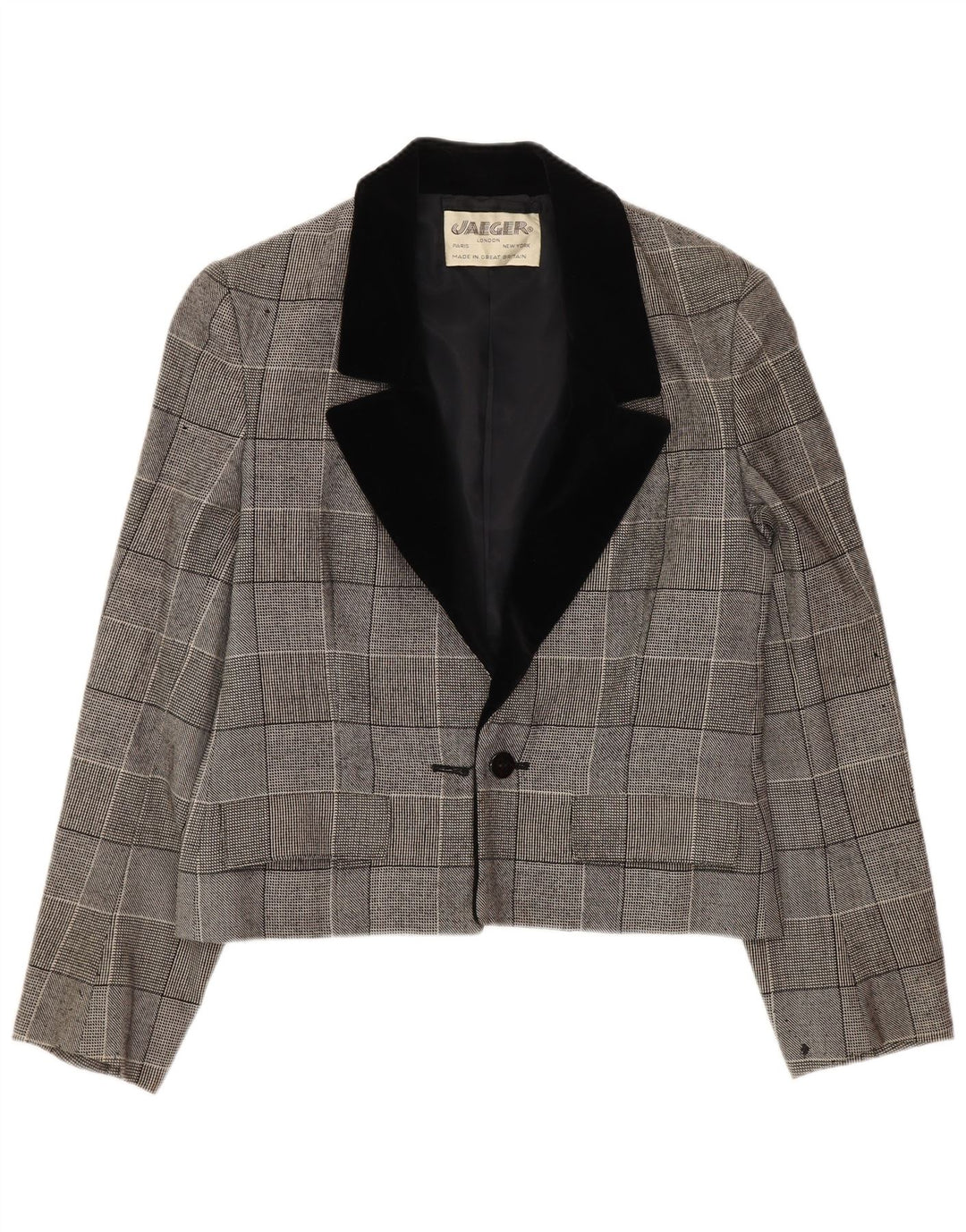 Jaeger Womens Crop 1 Button Blazer Jacke UK 10 Small Grau karierte Baumwolle