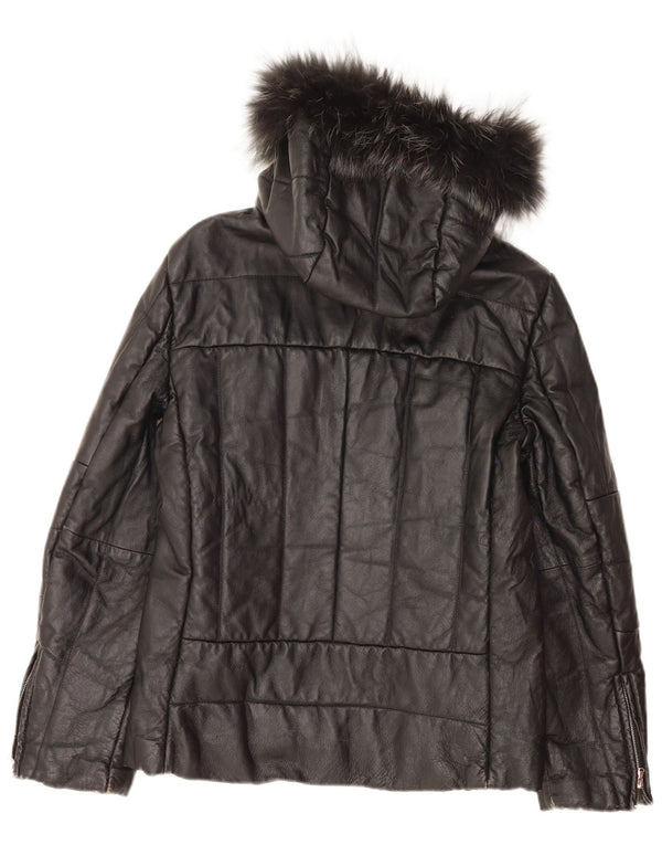 Vintage Damen Lederjacke mit Kapuze IT 48 XL Schwarzes Leder
