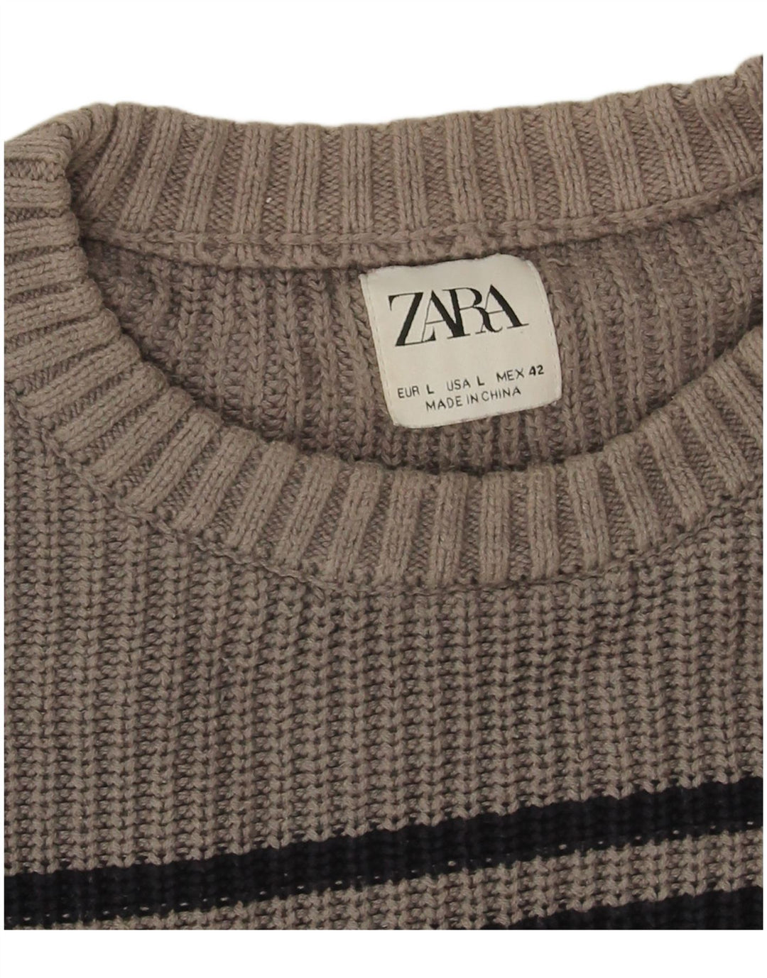 Zara Herren-Pullover mit Rundhalsausschnitt, groß, grau gestreift