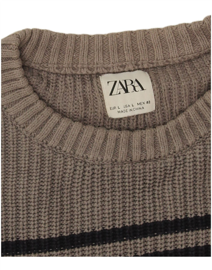 Zara Herren-Pullover mit Rundhalsausschnitt, groß, grau gestreift