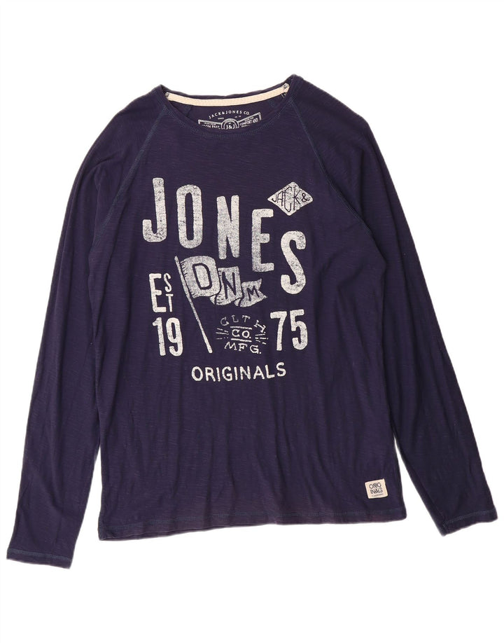 JACK & JONES Herren-Grafik-Oberteil, langärmelig, mittelmarineblaue Baumwolle
