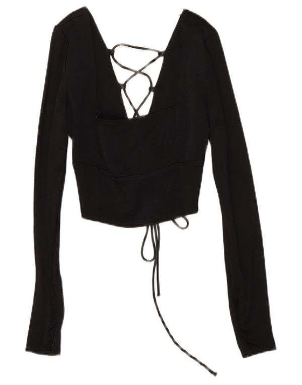 Zara Damen Crop Langarmbluse Top UK 6 XS Schwarze Viskose