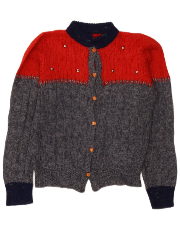 Vintage Damen Schneeflocken-Cardigan-Pullover UK 14 Mittelgrauer Farbblock
