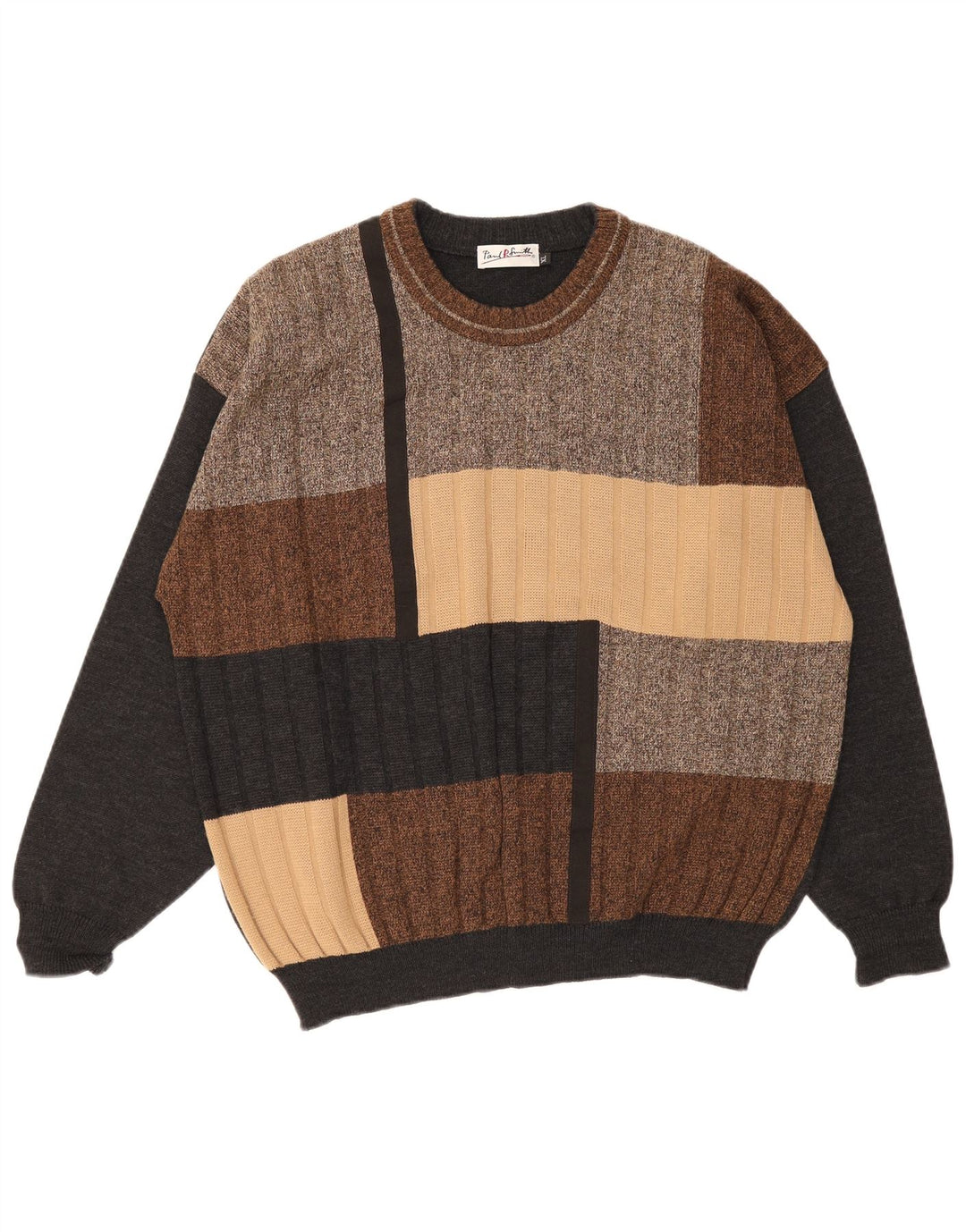 Vintage Herren-Pullover mit Rundhalsausschnitt, XL, mehrfarbig, Colourblock-Wolle