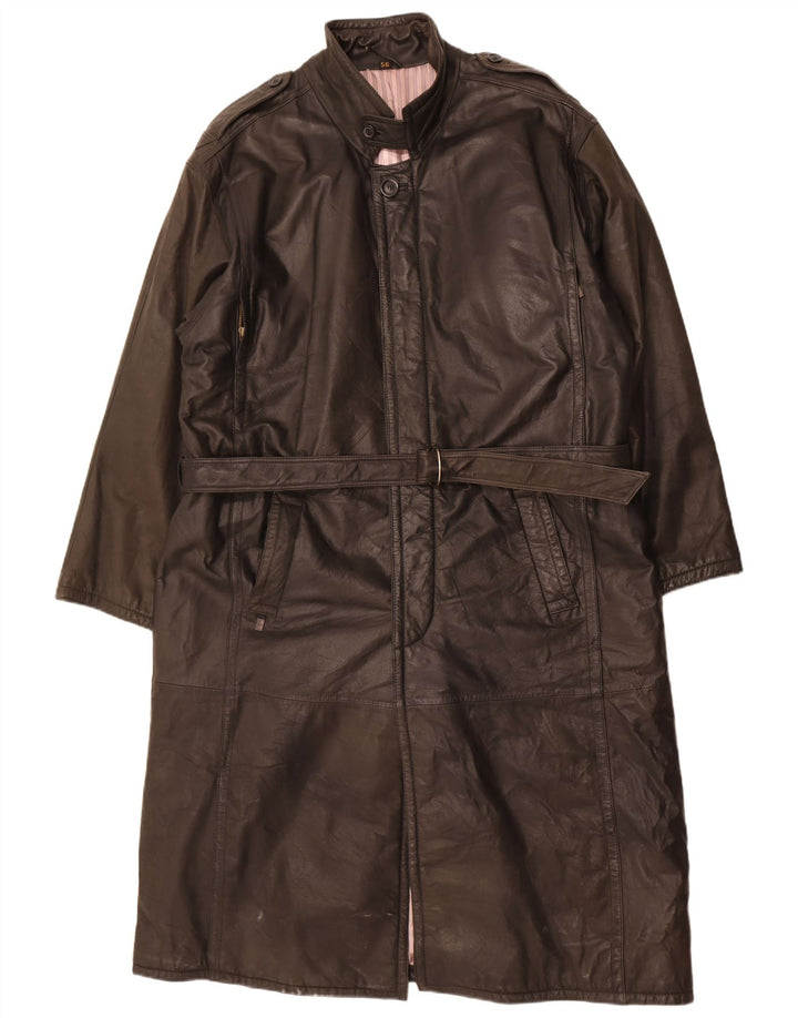 Vintage Herren Militärledermantel IT 56 3XL Schwarz