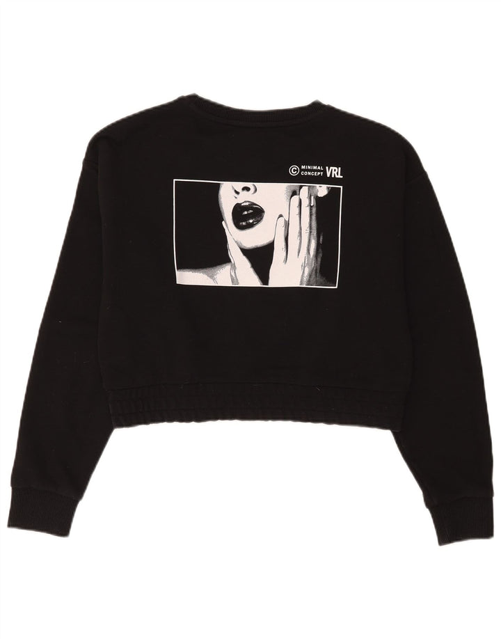 Minimal Damen Crop Graphic Sweatshirt Pullover UK 10 Small Schwarz Baumwolle