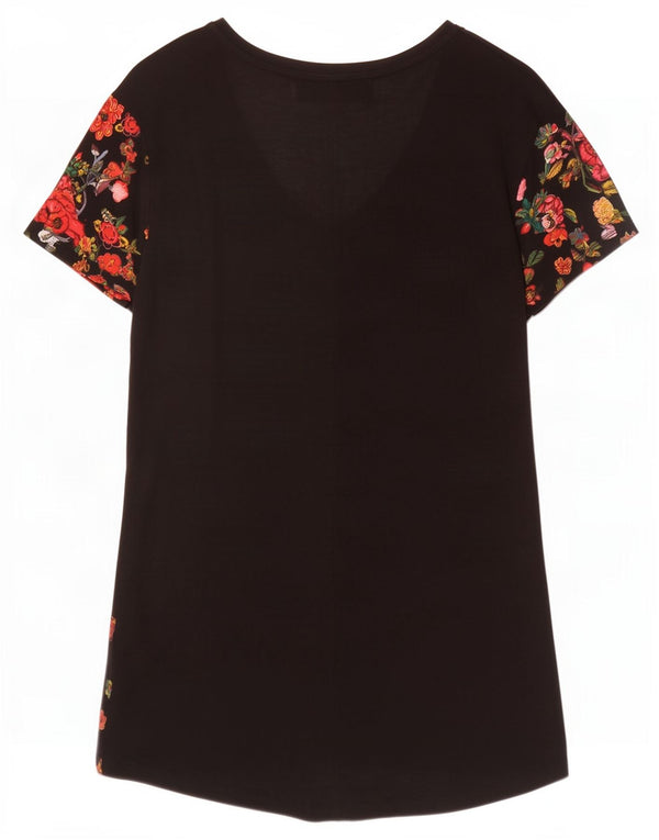 Desigual Damen Grafik-T-Shirt-Kleid UK 18 XL Schwarz geblümte Viskose